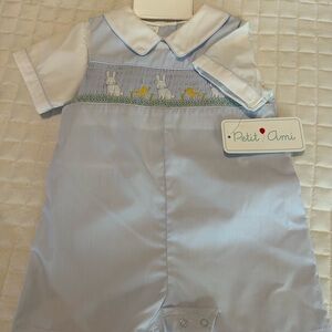 12 Months Size Petit Ami Light Blue Romper with smocking and Bunny embroidery!!
